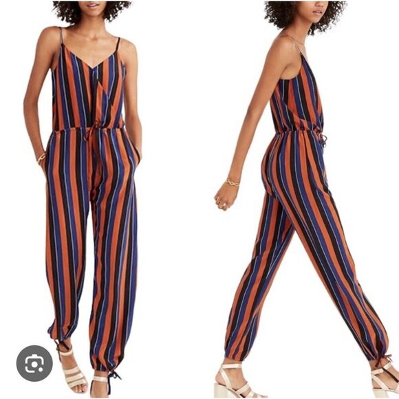 Madewell Pants - Madewell‎ X No. 6 Playa Cami Silk Jumpsuit Women 6 Orange Navy Striped Preppy
